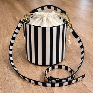 NWT Lionel Black & White Striped Bucket Bag Drawstring Crossbody Handbag